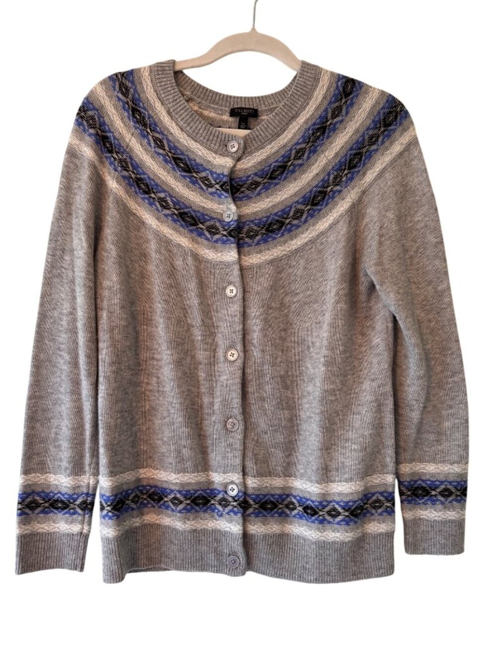 Talbots Grey Fair Isle Cardigan Sweater Lambswool Blend Size LP Button Front
